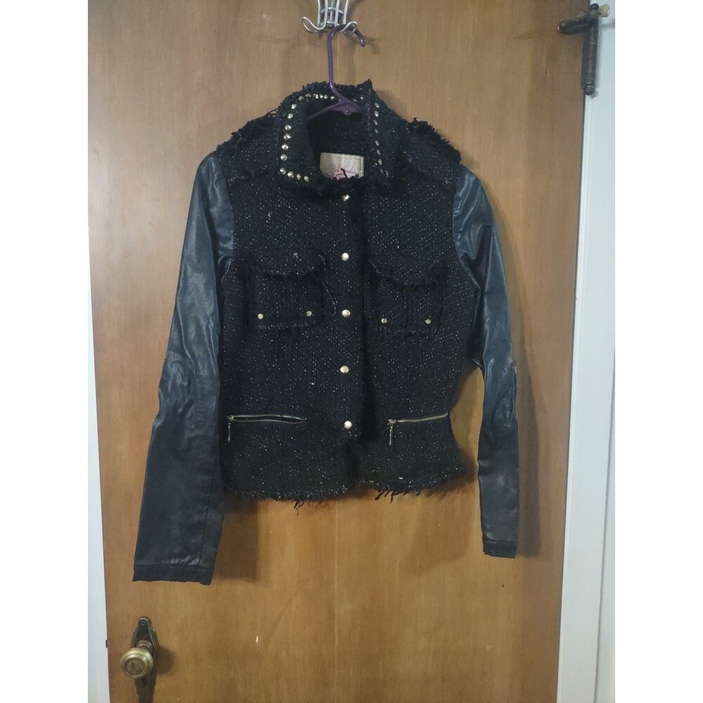 Black Jacket Sz Medium Embellished Gold Studded, Button Up Pink Envelope